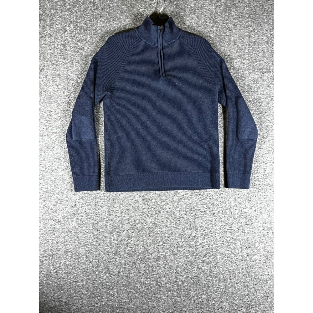 Banana Republic Mens Large Navy Blue Ribbed Quarter Zip Sweater Elbow Patches